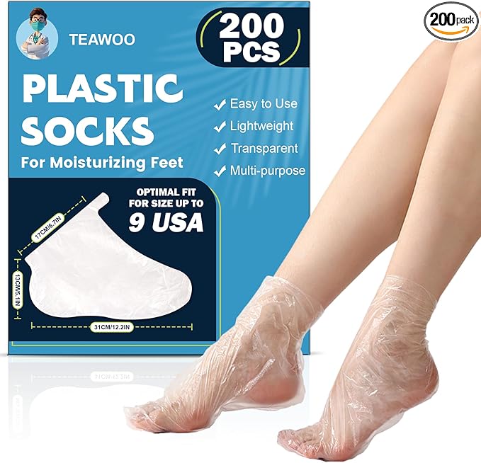 TEAWOO 200PCS Plastic Foot Covers for Feet, Leak-Proof Plastic Foot Masks for Moisturizing Feet, Pedicure & Foot Care, 200 Stickers for Snug Closure Included (Fits up to USA 9)