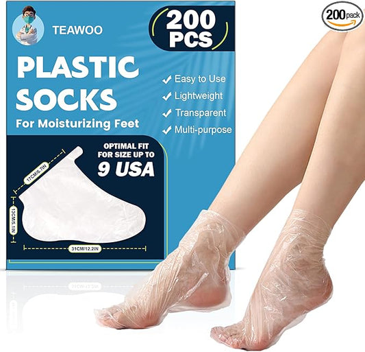 TEAWOO 200PCS Plastic Foot Covers for Feet, Leak-Proof Plastic Foot Masks for Moisturizing Feet, Pedicure & Foot Care, 200 Stickers for Snug Closure Included (Fits up to USA 9)