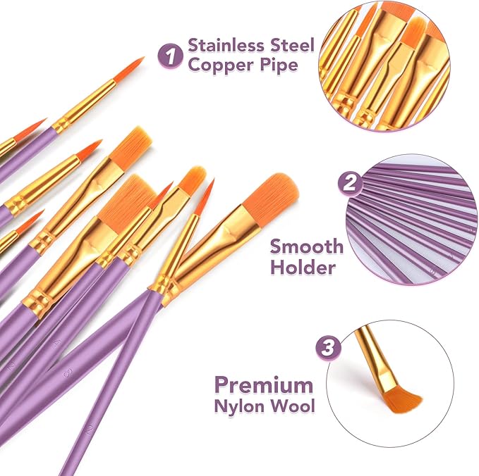 ESRICH Acrylic Paint Brushes Set, 16Packs/160 Pcs, Suitable for Acrylic, Oil, Watercolor,Rock Body Face Nail Art,Perfect Suit of Art Painting, Best Gift for Kids Adult Drawing, Purple
