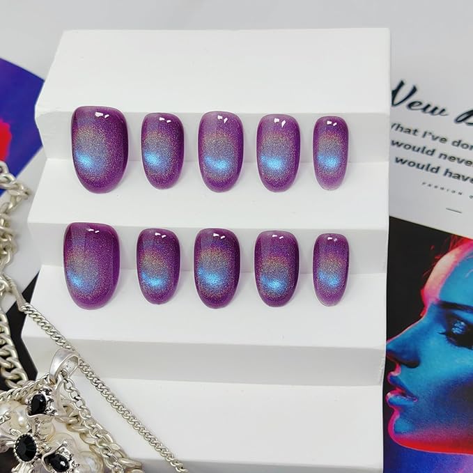 Cat Eye Press on Nails Handmade Short Oval/Square/Round False Nails with French Tip/Aurora/Magnetic Shimmer Designs (Rainbow Purple S)