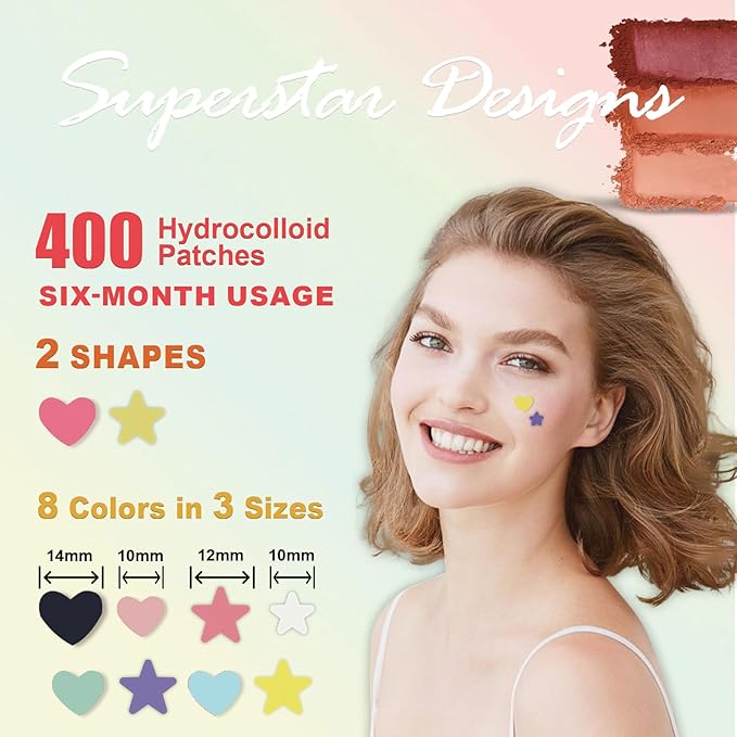 Pimple Patches for Face, Bright Shimmer Hydrocolloid Acne Patches, Zit Covers & Spot Stickers for Blemish Care with Tea Tree Oil, Salicylic Acid & Centella, 3 Sizes (10mm, 12mm, 14mm), 400 Count