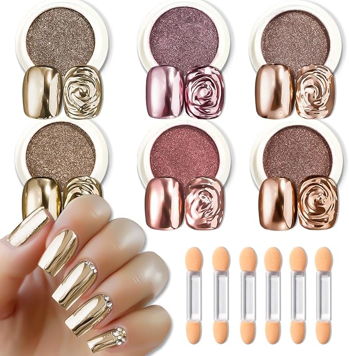 6 Jars Chrome Nail Powder Kit, Metallic Gold Chrome Nail Powder Super Mirror Effect Pigment Holographic Manicure Nail Glitter Powder Dust for Gel Polish Nail Art Decoration, Resin Craft