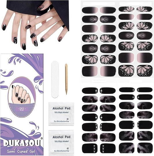 DUKASOU Semi Cured Gel Nail Strips, 56Pcs Nail Art Stickers/Wraps, Long Lasting UV Nail Polish Strips for Adults(Black Pink Butterfly)