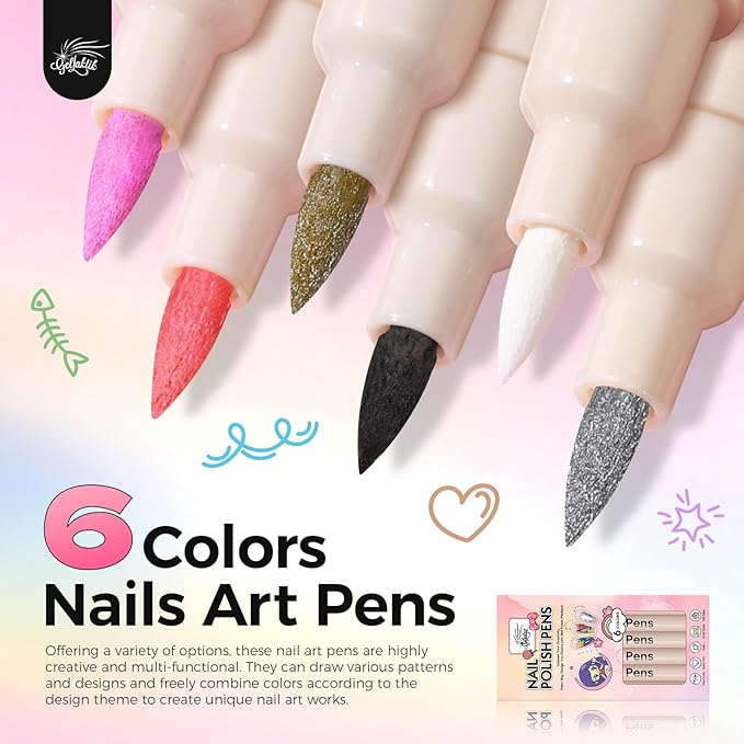 GELLAKTIK 6 Colors Nail Art Pens Set, 3D Nail Polish Pens Quick-Drying Acrylic Paint Markers, Dotting Liner Brush for DIY Nail Design, Home & Salon Manicure Tools