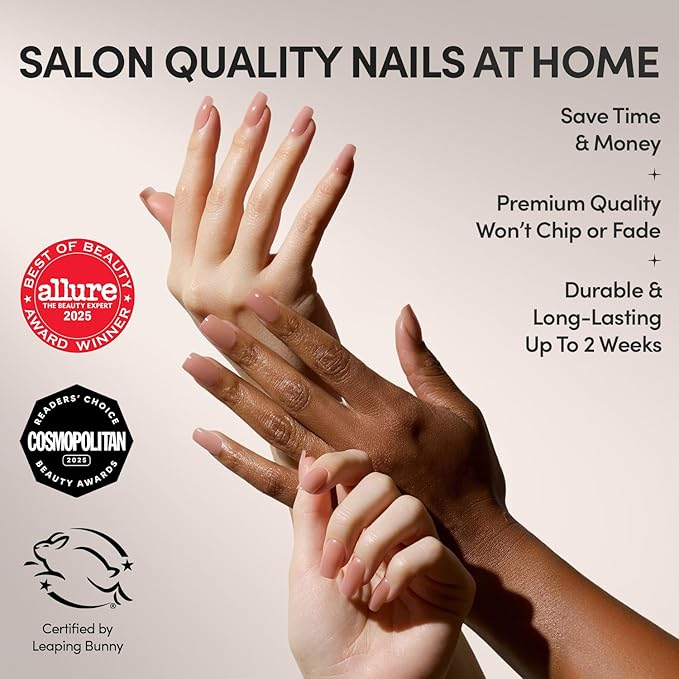 Glamnetic Press On Nails - In The Nude | Medium Square Fake Nails, Sheer Nude Neutral, Salon Quality | 15 Sizes - 30 Nail Kit