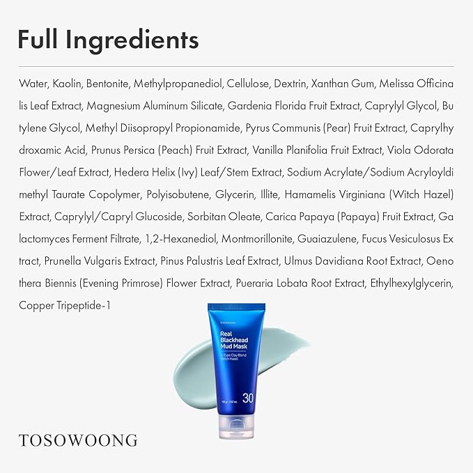 TOSOWOONG Real Blackhead Mud Mask, Facial & Nose Pore-Purifying Clay - Korean Mud Mask, Blackhead Remover for Face, Pore Tightening, Deep Pore Cleaner, Skin Cooling & Oil Control, 100 g / 3.52 oz.
