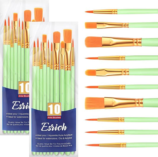 ESRICH Paint Brushes Set, 2 Packs 20 Pcs Acrylic Paint Brush Set, Acrylic Oil Watercolor, Face Nail Art, Miniature Detailing, Rock Painting,Painting Artist Professional Kits,Green