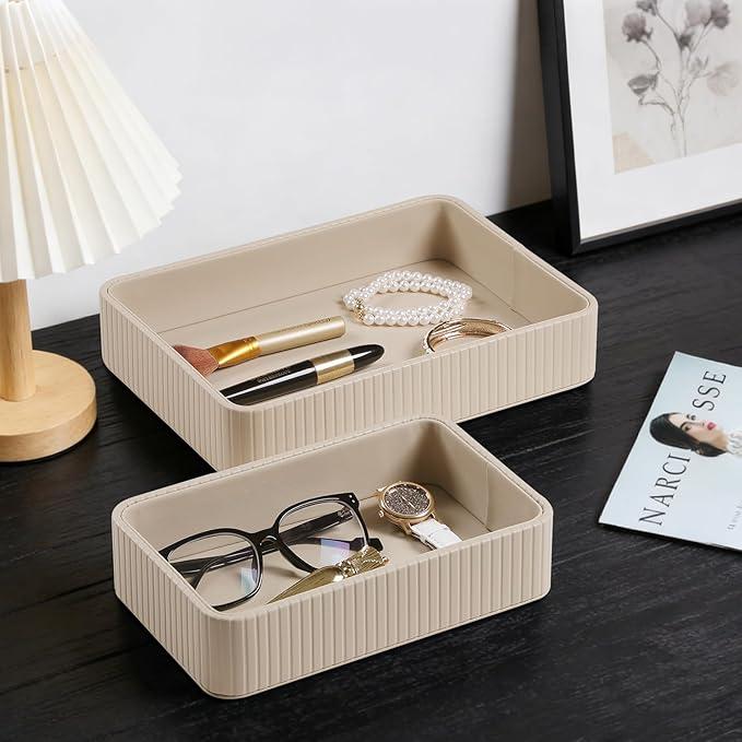 MEIBOOCH 2 Pack Nightstand Organizer Tray, Decorative Perfume Valet Tray Trinket Dish Catch All Purse Key Bowl, PU Leather Coffee Table Trays for Vanity Dresser Bedside Bathroom Countertop (Beige)