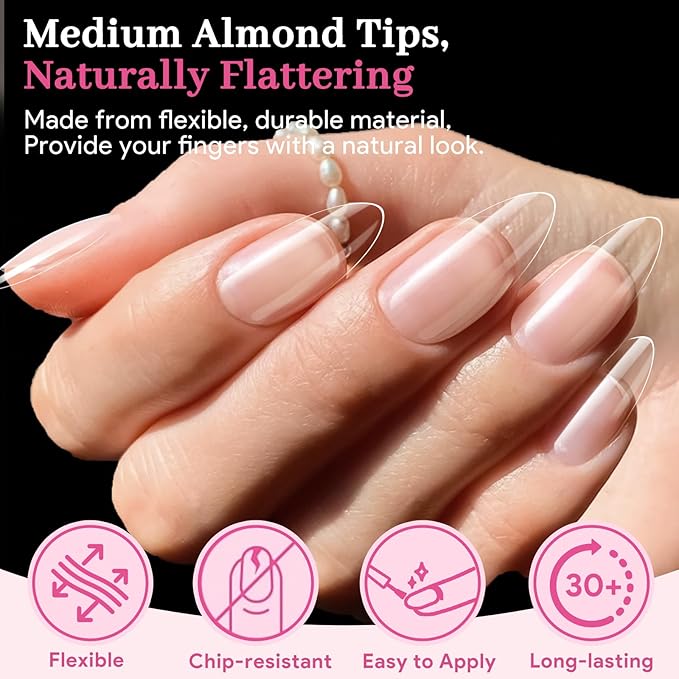 Qiek Medium Almond Fake Nail Tips, 15 Sizes 240 PCS Clear Half Matte Press On False Nail Tips Pre-shaped Full Cover Gel Nail Acrylic Soft Tips Extensions Thick Long Lasting for Home DIY Nail Salon