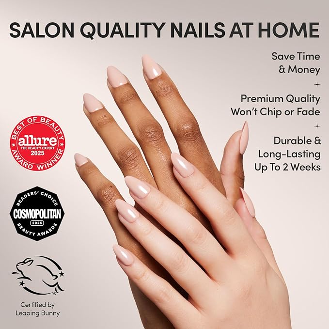 Glamnetic Press On Nails - Los Angeles | Solid Opaque Blush Nude Pink Short Almond Nails in Glazed Finish, Salon Quality | 15 Sizes - 30 Nail Kit