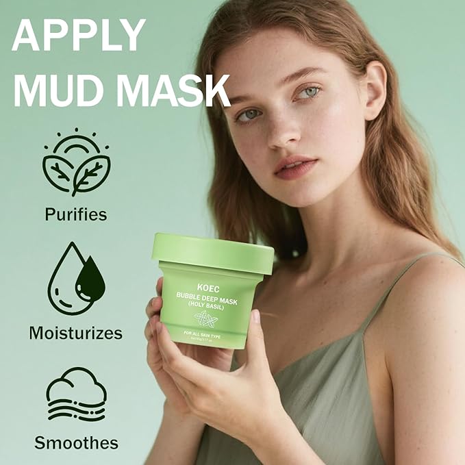 Holy Basil Bubble Deep Face Mask – Foaming Clay Mask with Basil Extract for Deep Cleansing, Pore Purification & Gentle Exfoliation, Style Bubble Mask for Oily & Acne-Prone Skin (01)