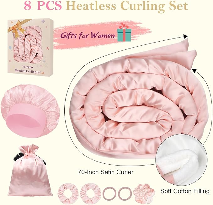 Ystrybo Satin Heatless Hair Curler Curls Overnight Hair Curlers to Sleep In, Hair Curlers No Heat Curls Overnight, Heatless Curling Set for Women Long Hair - 8 Pcs (Blush Pink)