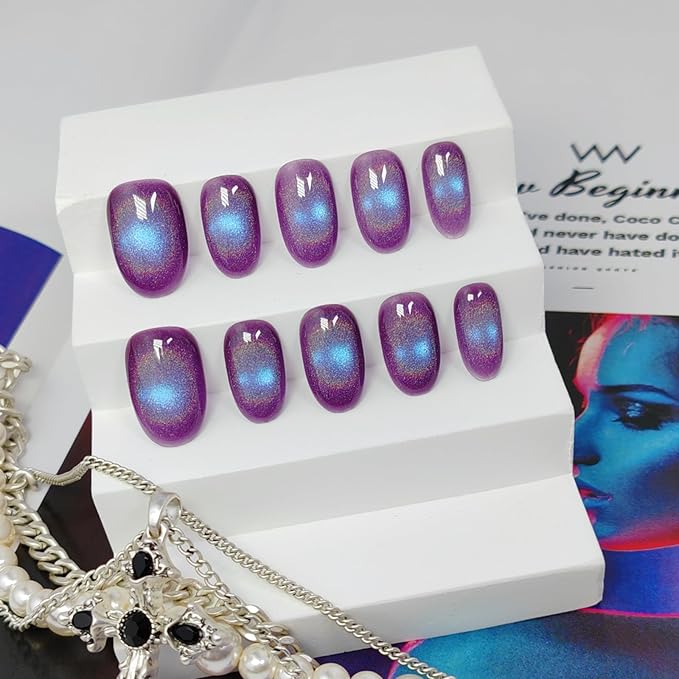 Cat Eye Press on Nails Handmade Short Oval/Square/Round False Nails with French Tip/Aurora/Magnetic Shimmer Designs (Rainbow Purple L)
