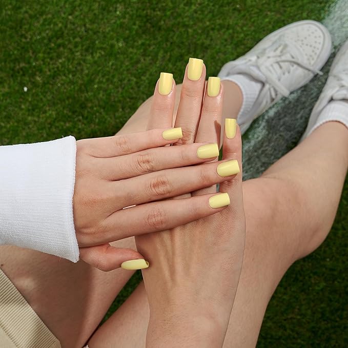BTArtbox Press On Nails Short - Pastel Yellow Square Press On Nails with Glue for Women, Opaque Soft Gel Glue On Nails in 16 Sizes - 32 Stick On Nails Kit, Lemon Sprint