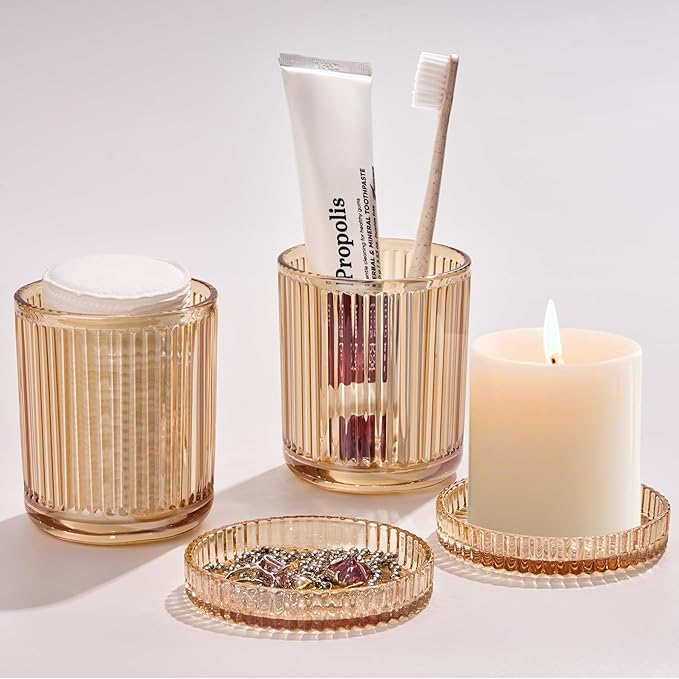 MKOSAB Bathroom Organizers and Storage,2 Pack Glass Qtip Holder Dispenser,Bathroom Essentials Accessories Decor,Vanity Makeup Storage Organizer for Cotton Swabs,Cotton Balls,Pads,Floss Picks (Amber)