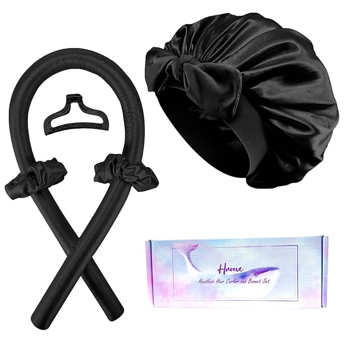 Hroevc No Heat Overnight Curls with Double Layer Satin Bonnet - Soft Hair Curlers to Sleep In, heatless Curling Rods Set + Silk Bonnet for Women & Girls Long Hair, Heatless Waves & Volume (Black)