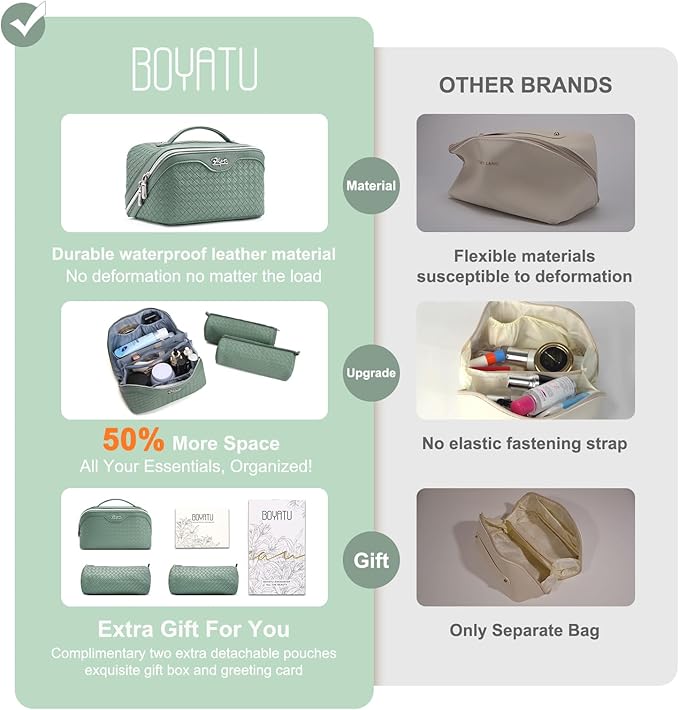 BOYATU Travel Makeup Bag Cosmetic Bags for Women: Large Capacity 3 Pcs Set Make up Bag with Compartments - Waterproof Vegan Leather Toiletry Organizer Bags with Handle (L36 Grass Green)