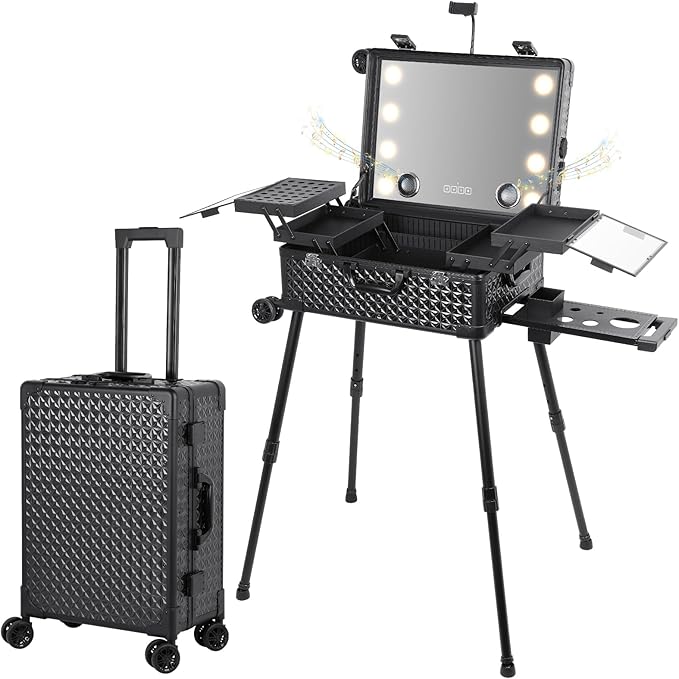 Rolling Makeup Train Case with Lighted Mirror and Bluetooth Speaker Professional Cosmetic Organizer Case with Wheels, Stands Portable Makup Station Vanity for Travel (Black, Medium)