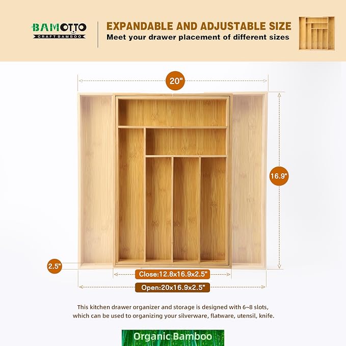 Expandable Bamboo Drawer Organizer – Large 20"x16.9" Size with Adjustable Dividers – for Kitchen Utensils, Knives, Cutlery, Flatware & Silverware Storage Tray
