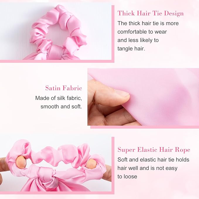 YALOJE 2PCS Scarf Scrunchies with Long Tails, Elastic Silky Satin Bow Hair Ties for Women, Ribbon Hair Scarf Scrunchy, Ponytail Holders Hairstyling Decoration for Women -Pink