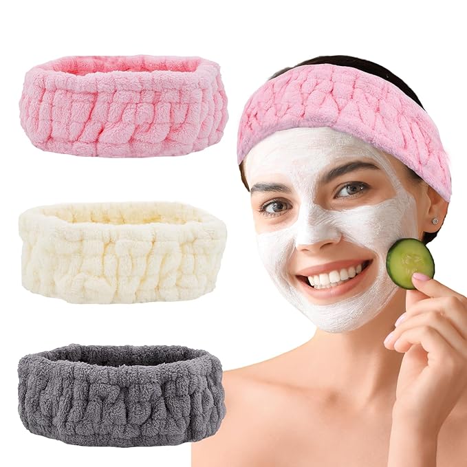 Pejnl Microfiber Spa Headband 3-Pack, Soft Terry Cloth Headband for Washing Face, Facial Mask, Makeup, Shower, Yoga, Gift for Women and Teens (Gray+Milk White+Pink)