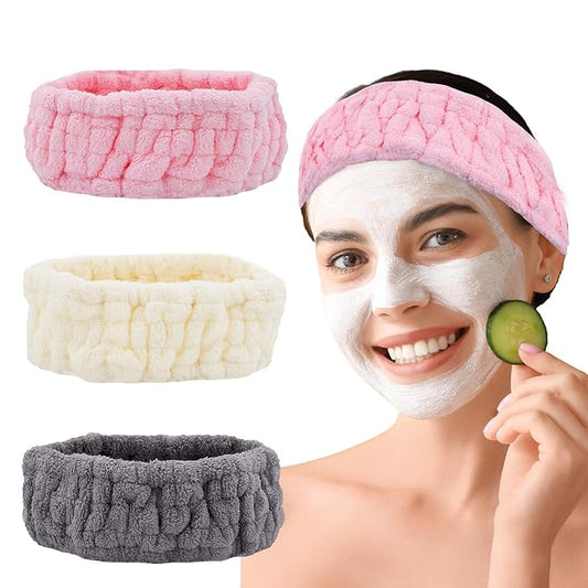 Pejnl Microfiber Spa Headband 3-Pack, Soft Terry Cloth Headband for Washing Face, Facial Mask, Makeup, Shower, Yoga, Gift for Women and Teens (Gray+Milk White+Pink)