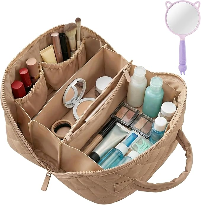Illuminate Makeup Bag Organizer for Women Large Capacity Travel Toiletry Bag Wide Open Lay-Flat Cosmetic Bags Puffy Makeup Case with Compartments Waterproof Pouch for Toiletries & Brushes (Khaki)