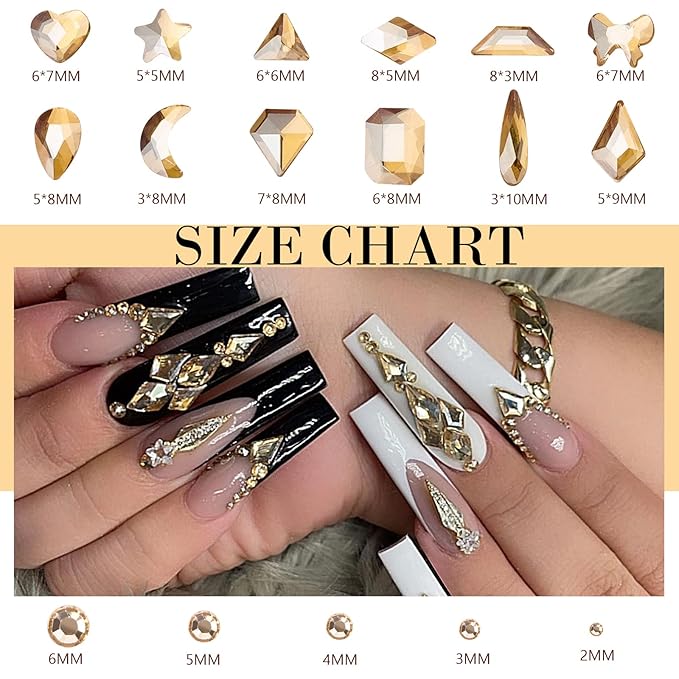 Canvalite 2518Pcs Nail Rhinestones Gems 12 Styles 3D Glass Champagne Crystals Charms Shiny Multi Shape Flatback Rhinestones with Gems Picker and Tweezers for DIY Nail Art