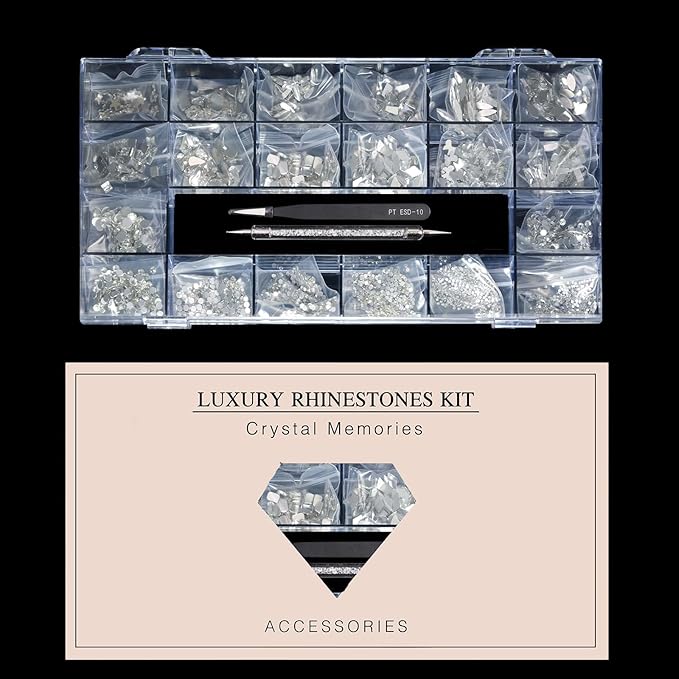 Yzzseven 12 Types of 600 White Diamonds + 2500 Flat Rhinestones Mix 20 Styles Flatback DIY Crafts Rhinestone Crystals 3D Ornament‌s Flat Back Stones Set + Tweezers + Drill Pen