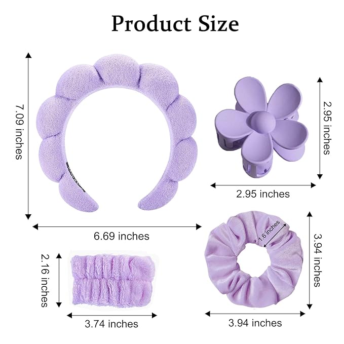 BluOcnMkt 6PCS Spa Headband Set Purple Skincare Makeup Sponge Headbands for Women, Large Flower Hair Clip, Velvet Neon Scrunchies