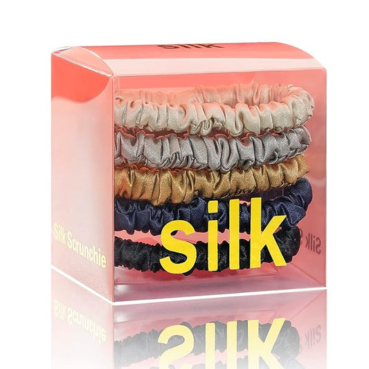 Silmer Silk Scrunchies Silk Hair Ties 100% Mulberry 5 Pack(Caramel,Dark Grey,Champagne Gold,Navy Blue,Black)