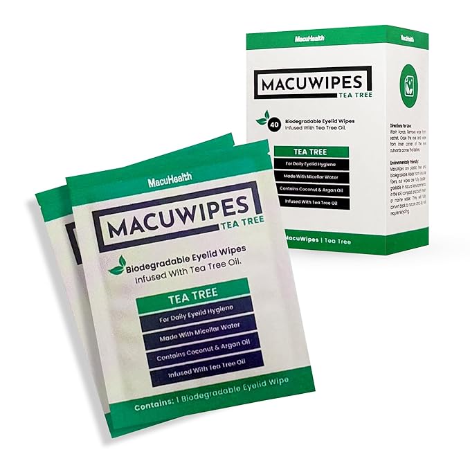 MacuHealth MacuWipes Tea Tree - Pre-Moistened Eyelid Wipes for Dry Eyes, Blepharitis & Sore Eyes, Eye Makeup Remover, Rinse-Free Formula with Tea Tree & Coconut Oil, Individually Wrapped - 40 Count