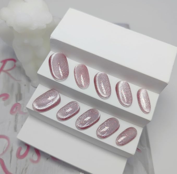 Cat Eye Press on Nails Handmade Short Oval/Square/Round False Nails with French Tip/Aurora/Magnetic Shimmer Designs (Side#Candy Wrapper M)