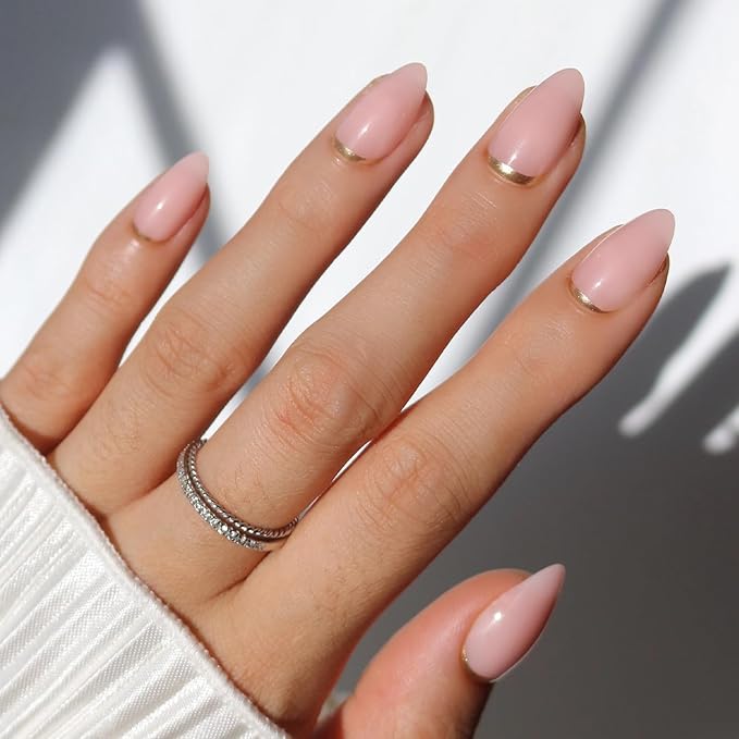 Glamnetic Press On Nails - Goal Chaser | Short Almond Neutral Fake Nails with Gold Reverse French Tip, Salon Quality Nude Nails | 15 Sizes - 30 Nail Kit with Glue