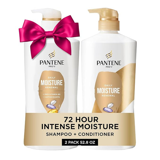 Pantene Shampoo & Conditioner Set, Daily Moisture Renewal - Pro-V Nutrients for Dry, Color-Treated, Straight to Curly Hair, 72-Hour Hydration & Softness, 52.8 Oz Total + Miracle Rescue Shot (0.5 Oz)