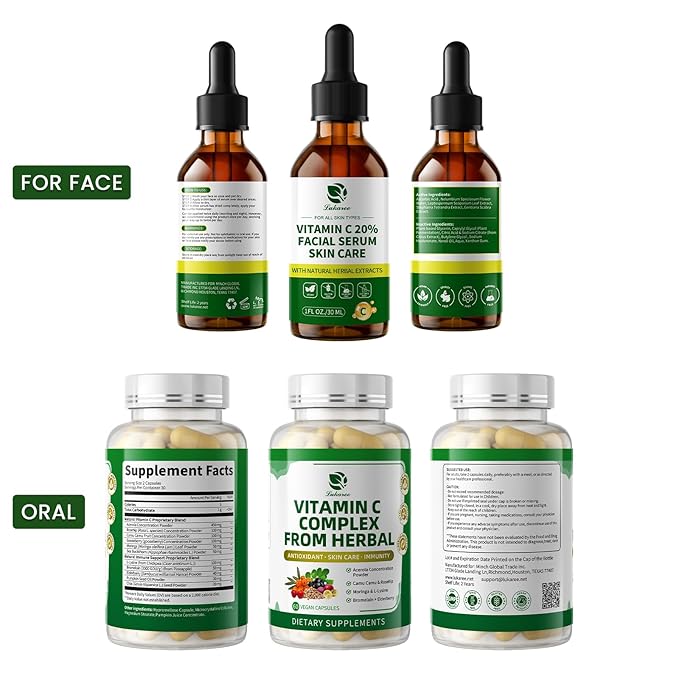 Vitamin C Serum for Face, 20% Brightening Face Serum with Sodium Hyaluronate for Dark Spots & Fine Lines – Support Collagen & Skin Radiance, Plus Vit C Caps for Inside-Out Support, 1 Fl Oz + 60 Caps
