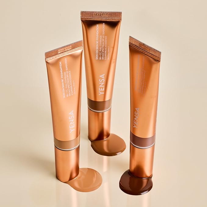 YENSA Skin on Skin BC Foundation Makeup - CC, BB Cream & Full Coverage Foundation-In-One - Buildable, Radiant Finish with SPF 40, Hyaluronic Acid, Peptides & 8 SuperBlacks - Tan Neutral (1 oz)
