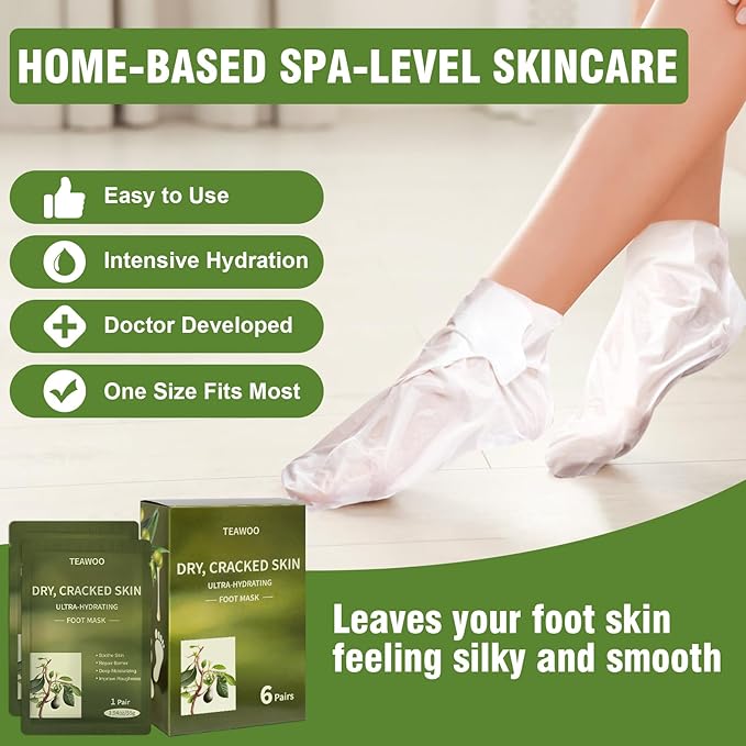 TEAWOO 6 Pairs Moisturizing Foot Masks with Shea Butter, Jojoba Oil, Vitamin E & Urea, 6 Pairs Intensely Hydrating Foot Mask For Dry Cracked Feet, Moisturizing Socks for Cracked Heel Treatment