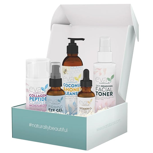 Eva Naturals Rejuvenating Skincare Set – 5-in-1 Routine with Cleanser, Toner, Vitamin C Plus Serum, Eye Gel and Collagen Peptide Moisturizer for Face, Anti-Wrinkle, Dark Spots, Acne and Skin Replenish