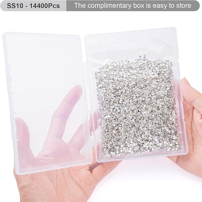 MEIBITE Flatback Rhinestones Bulk, 14400PCS Crystal Rhinestones for Clothes DIY Decoration Crafts, Crystal, SS10, 2.7-2.9mm