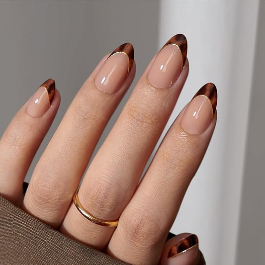 BTArtbox Press On Nails Short Almond - Tortoise Shell, Winter French Tip Press On Nails, Soft Gel Fake Nails Brown, Reusable Glue On Nails with Nail Glue in 16 Sizes, 32 Stick On Nail Kit