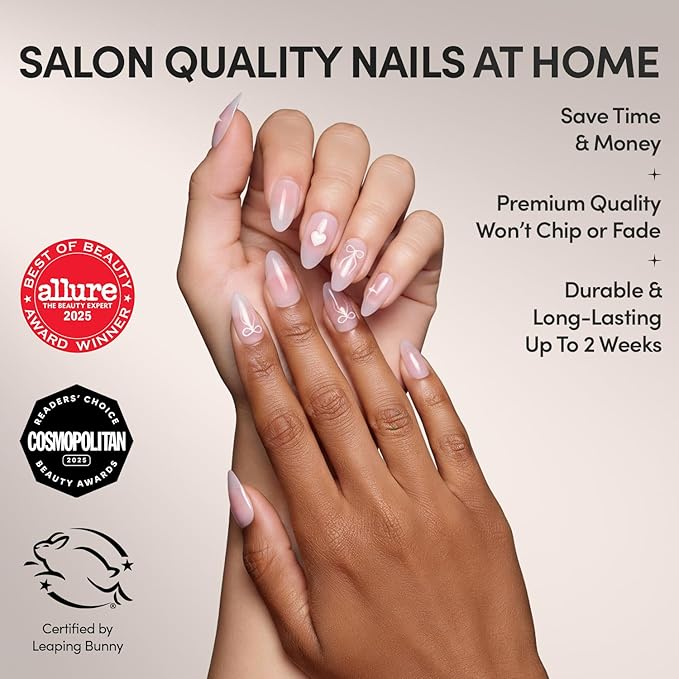 Glamnetic Press On Nails - Lovers Knot | Glossy, Semi-Transparent, Short Almond Nails, Salon Quality | 15 Sizes - 30 Nail Kit with Glue