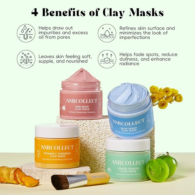 ANRCOLLECT 4Pcs Clay Mask Set, Kaolin Facial Spa Kit for Pore Cleansing & Glowing, Hydrating Mud Cream Wash-Off Mask for All Skin Types, Women and Men (70g*4+Brush), Teen Girl Gifts