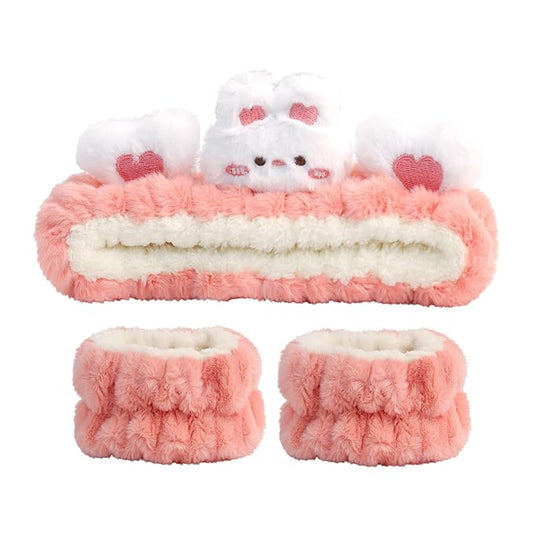 PERFECTSIGHT Kawaii Headband for Spa, Makeup, Washing Face, Party - 2 Pack Cute Hair and Wrist Band for Shower Beauty Skincare, Soft Facial Headbands for Girls and Women, Coral Rabbit