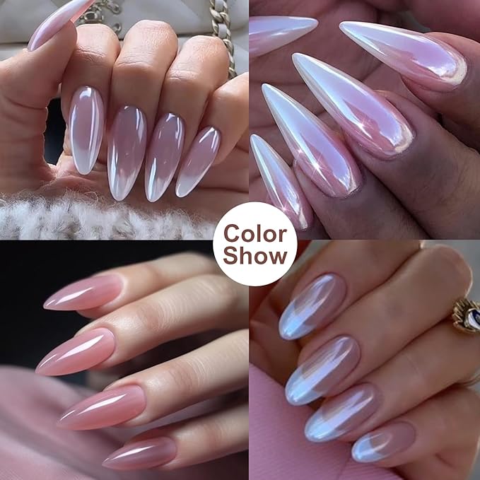 BISHENGYF Pearl Chrome Nail Powder:【Super Transparent】 White Pearl Chrome Nail Powder Ice Shimmer Jewelry Transparent Aurora Glazed Donut Chrome Nail Powder for Nails Art DIY