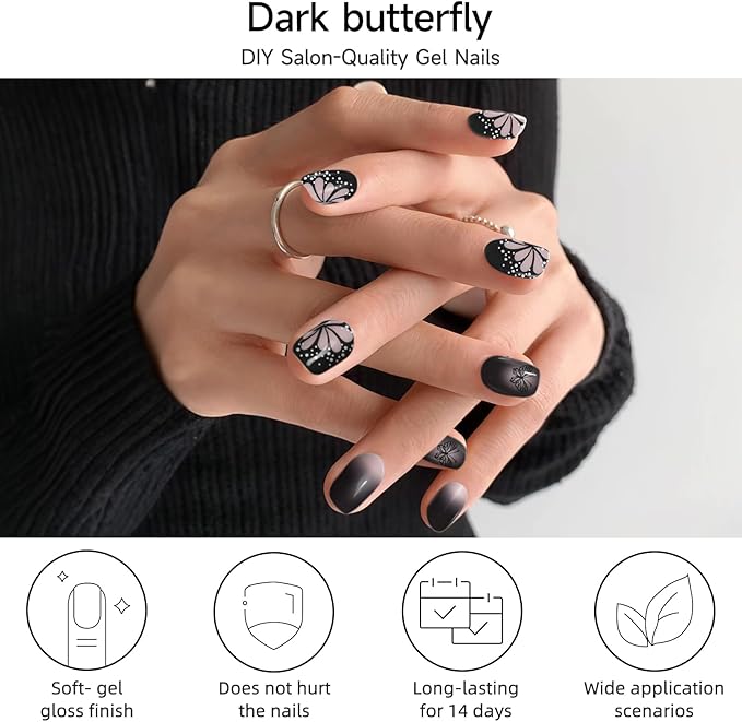 DUKASOU Semi Cured Gel Nail Strips, 56Pcs Nail Art Stickers/Wraps, Long Lasting UV Nail Polish Strips for Adults(Black Pink Butterfly)