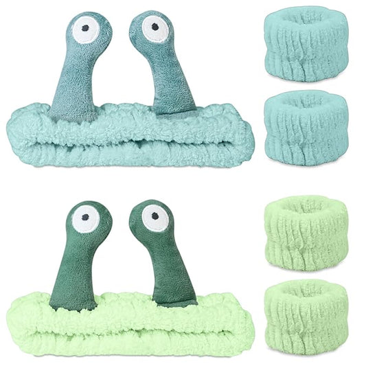 Snail Face Wash Headband Skincare & Wrist Bands for Washing Face Set Cute Spa Headband for Women and Wrist Faces Wash Bands for Shower, Facial Cleaning, Soft Coral Fleece Makeup Headbands,Green