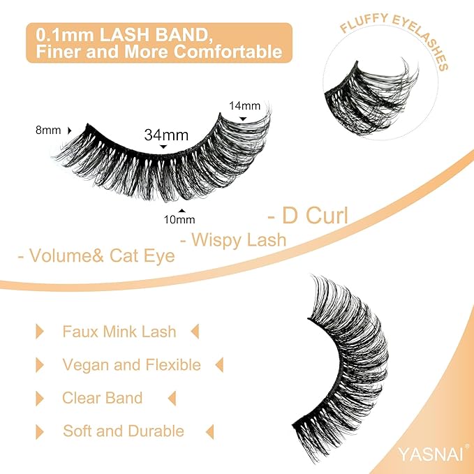 YASNAI Short Lashes Natural Look D Curl Eyelashes that Look Like Extensions Strip False Thick Volume Lash Pack 8-14mm Full 7 Pair Fluffy Wispy Cat Eye Mega Double Stacked Eyelash Small Fake Lashes