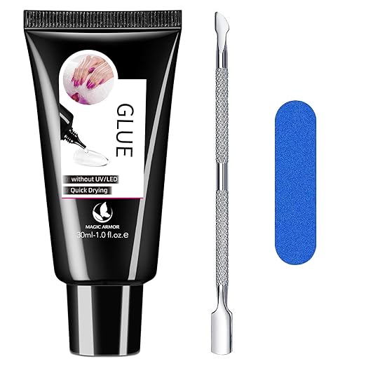 MAGIC ARMOR 30g Semi Solid Nail Glue for Press On Nail, No UV Lamp Need Gel Nail Glue with Cuticle Pusher and Nail File, Quick Drying Gel Long Lasting for Fake Acrylic Nails