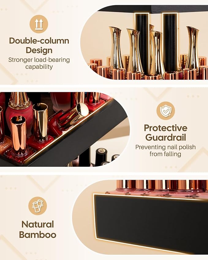 Homde Nail Polish Display Stand and Storage: 360 Degree Rotating Bamboo Rack Organizer, 4 Tier Makeup Holder for Fast Access on Countertop or Vanity for Girls & Women,Black
